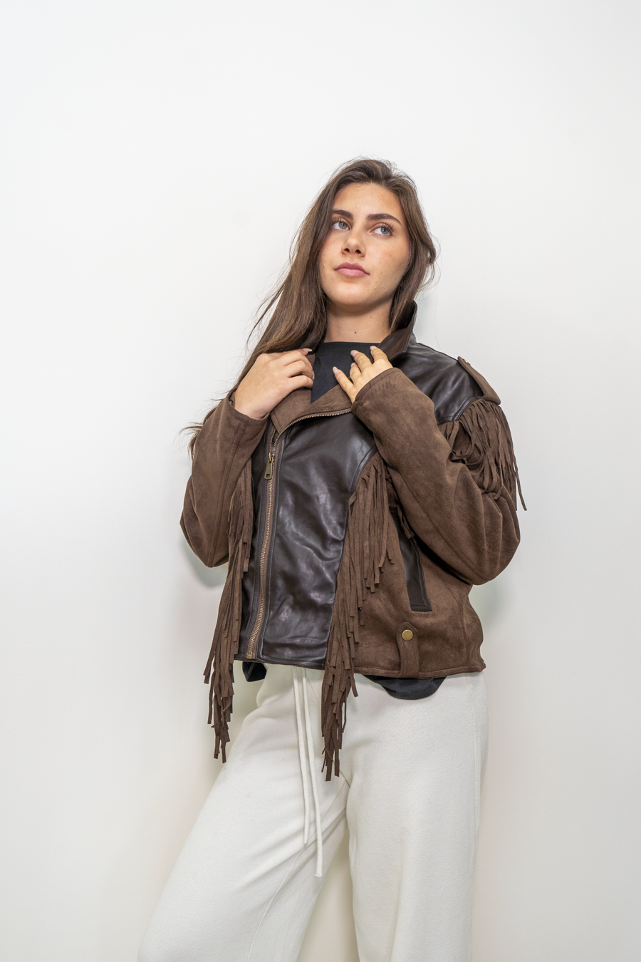 BLUSOTTO ECO-PELLE-CAMOSCIO CON FRANGE