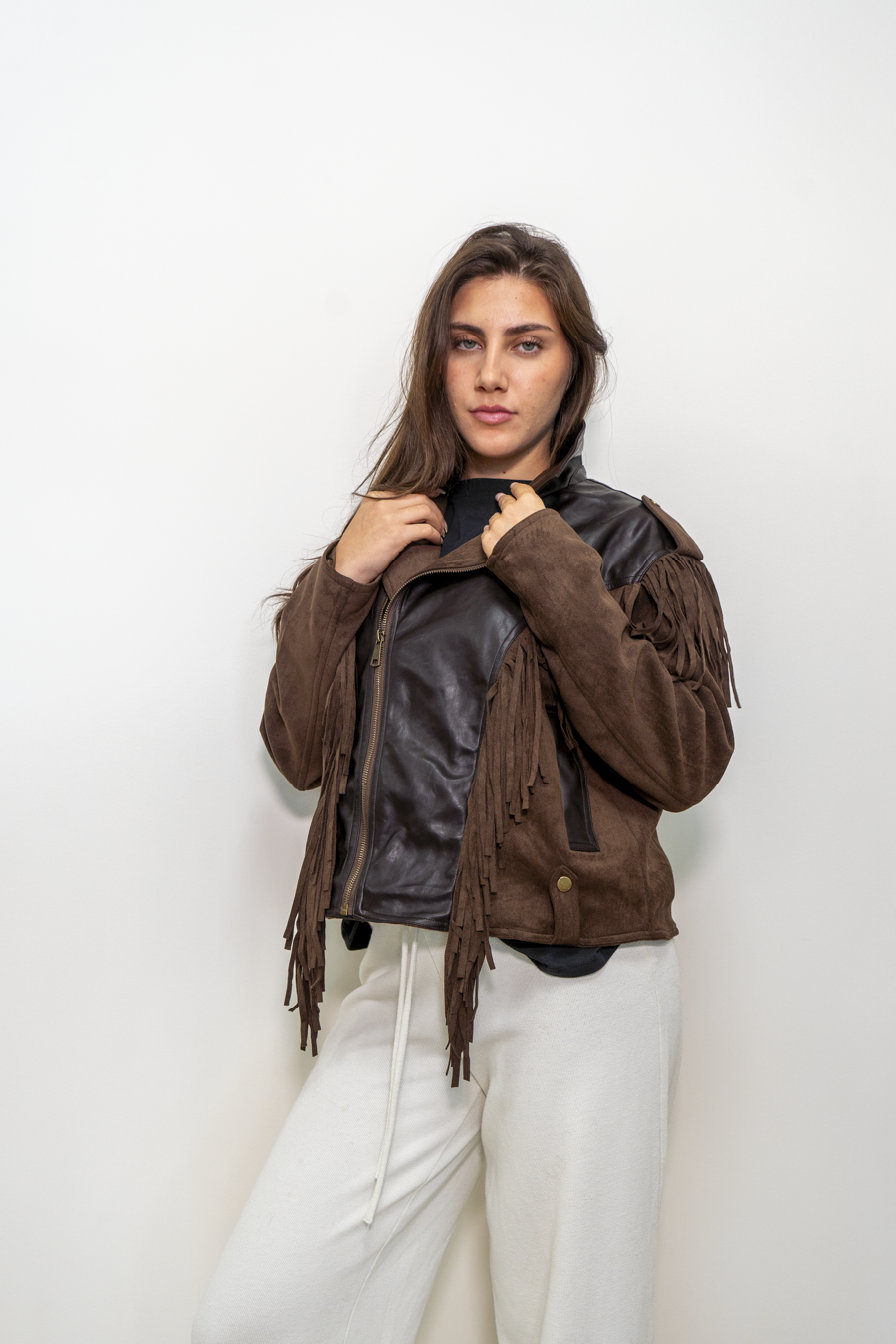 BLUSOTTO ECO-PELLE-CAMOSCIO CON FRANGE
