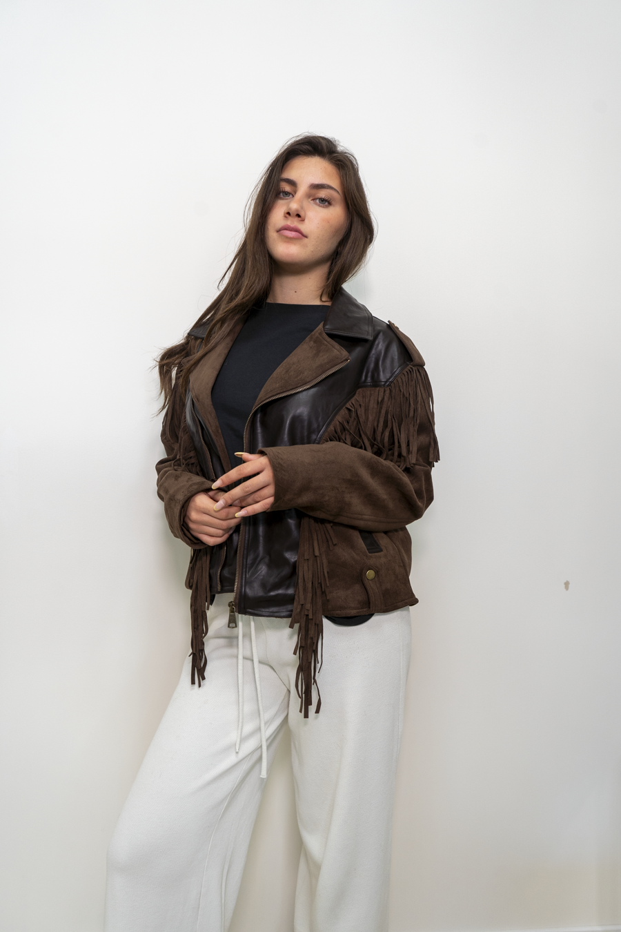 BLUSOTTO ECO-PELLE-CAMOSCIO CON FRANGE