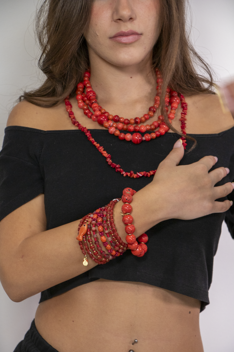 COLLANA 3 FILI PERLE CORALLO